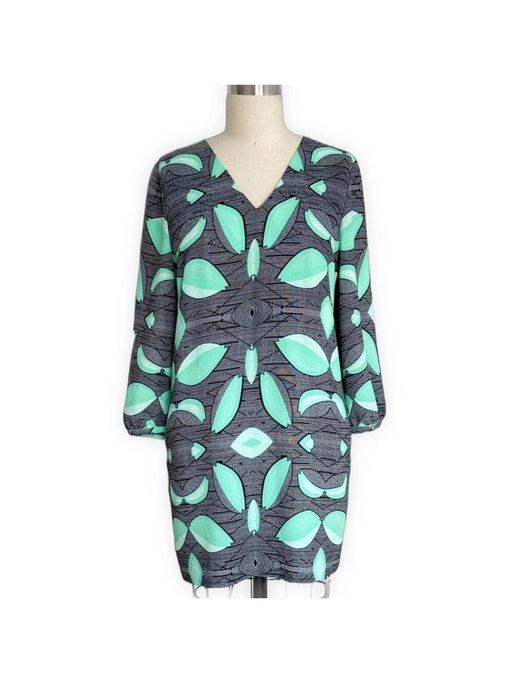 Essentiel Antwerp Mod Print Mini Dress Turquoise Black V-Neck Pockets EU40 US 8